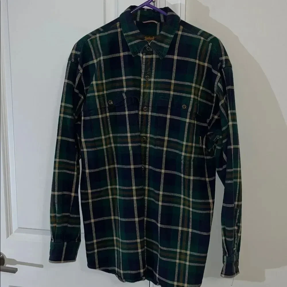 Timberland Weathergear Heavy Cotton plaid Blue Green Gold Tartan shirt Jacket M